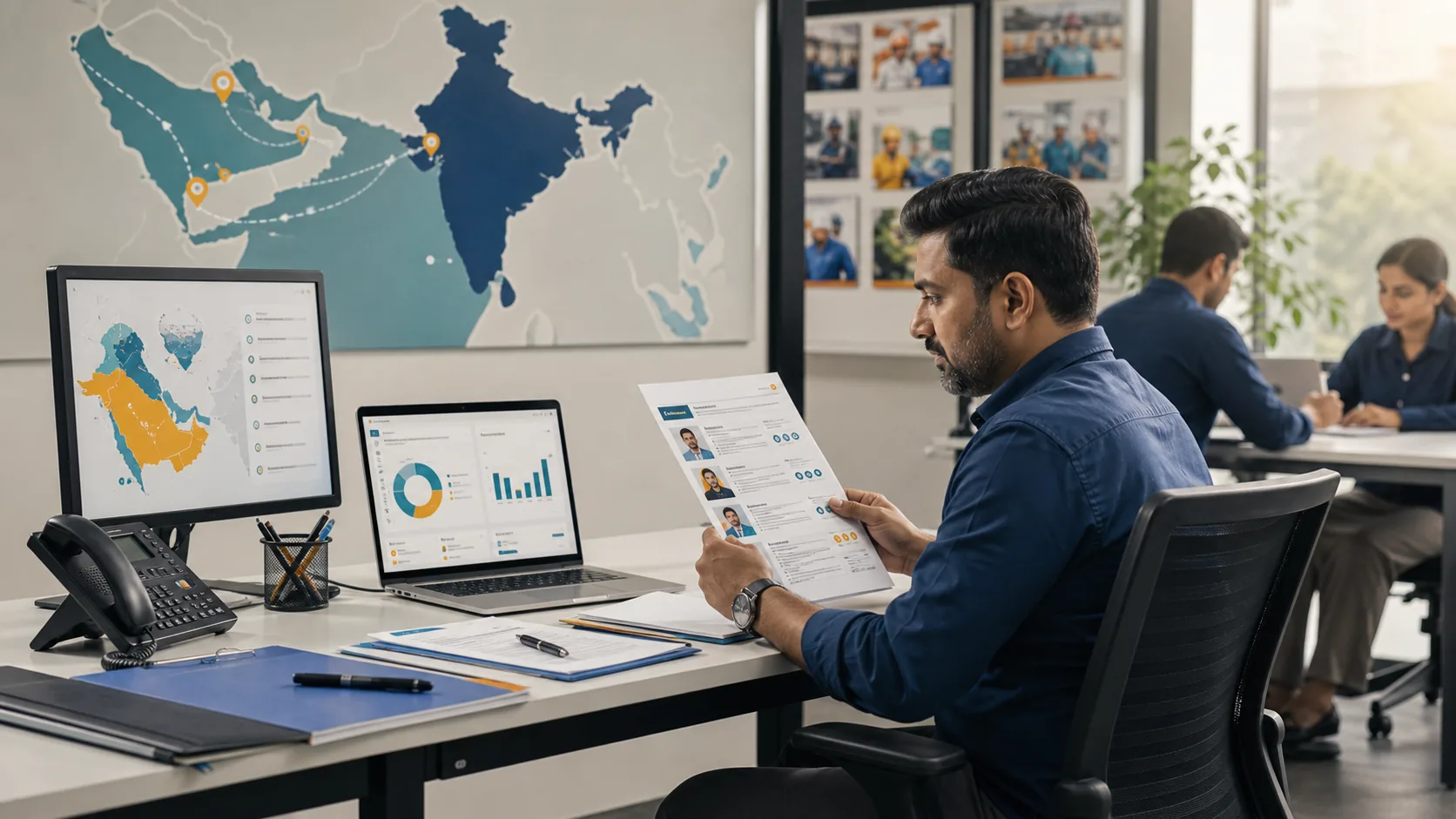 Recruitment partner operations desk coordinating cross-border hiring